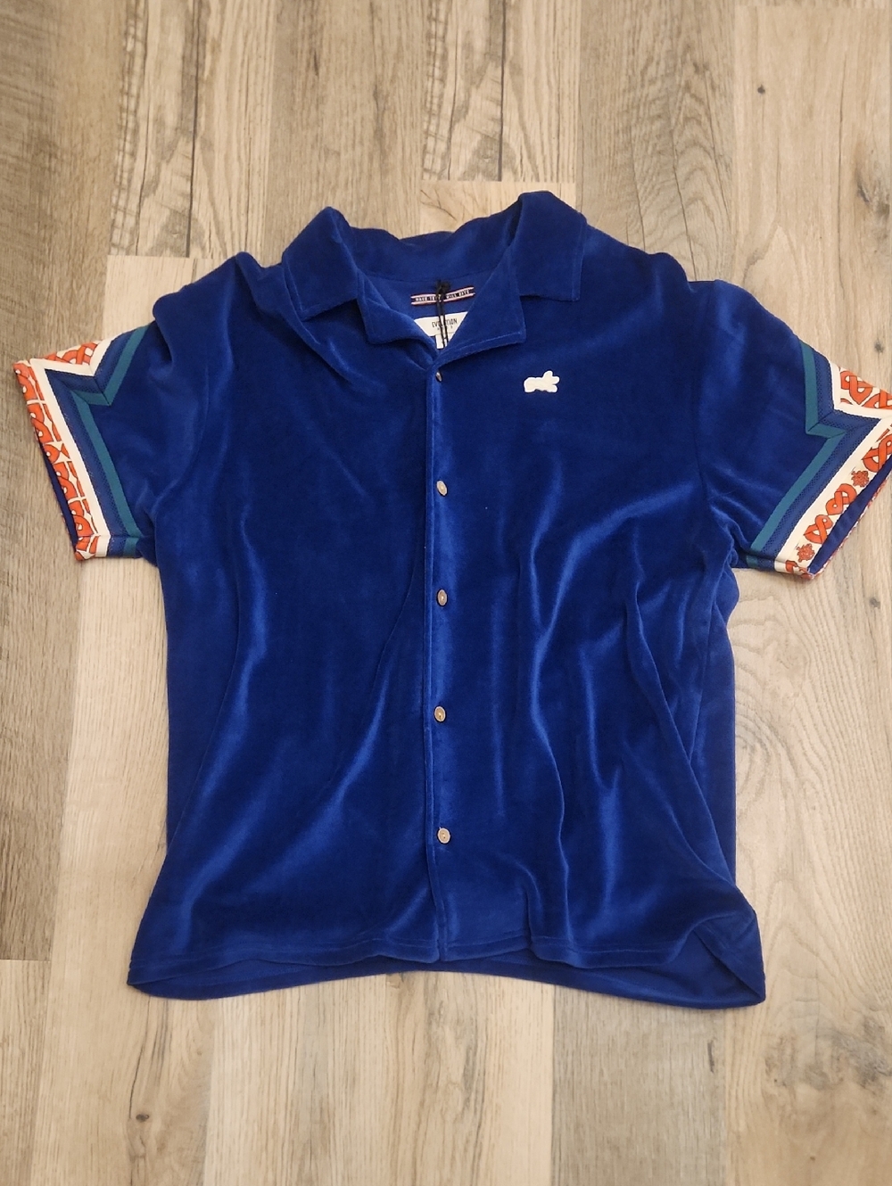 AKOO Royal Blue Velour Short Sleeve Button-Up with Patterned Cuffs